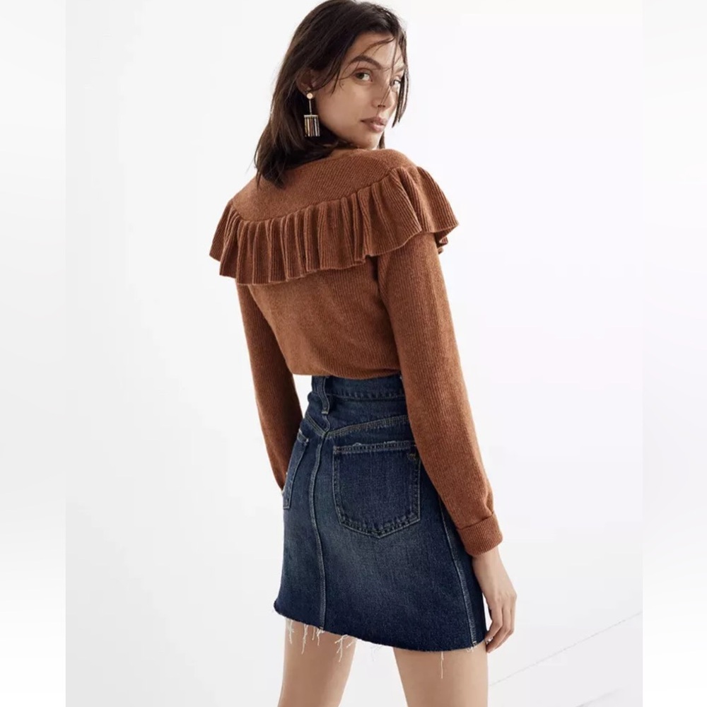 Madewell Rigid Denim Straight Mini Skirt Raw Hem Blue Distressed Stretch Size 26